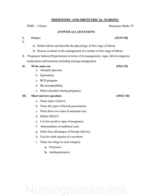 QUESTION PAPER- OBSTETRICS AND GYNECOLOGY NURSING