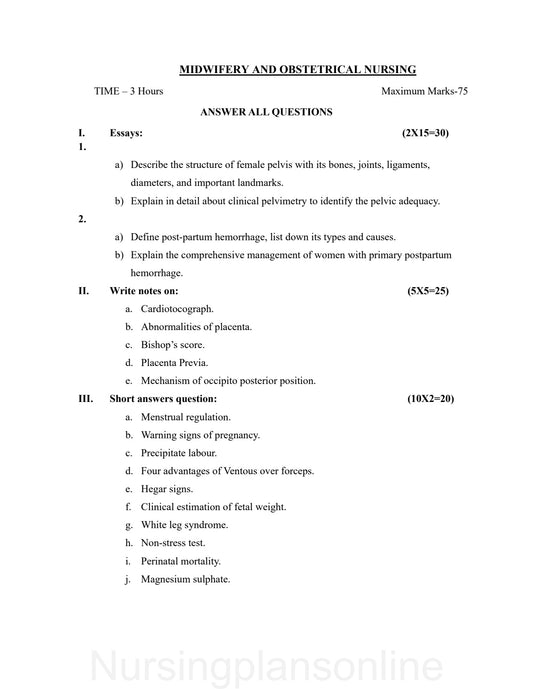 QUESTION PAPER- OBSTETRICS AND GYNECOLOGY NURSING