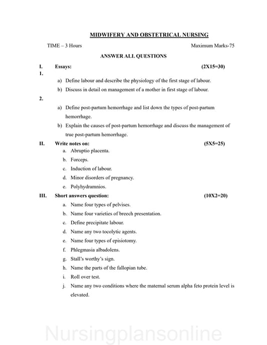 QUESTION PAPER- OBSTETRICS AND GYNECOLOGY NURSING