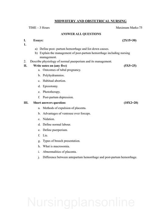 QUESTION PAPER- OBSTETRICS AND GYNECOLOGY NURSING