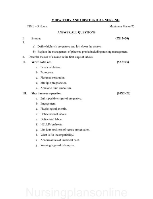 QUESTION PAPER- OBSTETRICS AND GYNECOLOGY NURSING