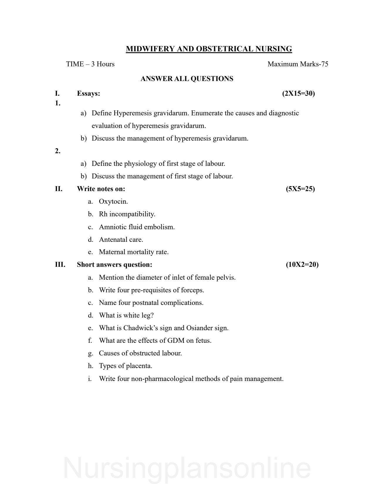 QUESTION PAPER- OBSTETRICS AND GYNECOLOGY NURSING