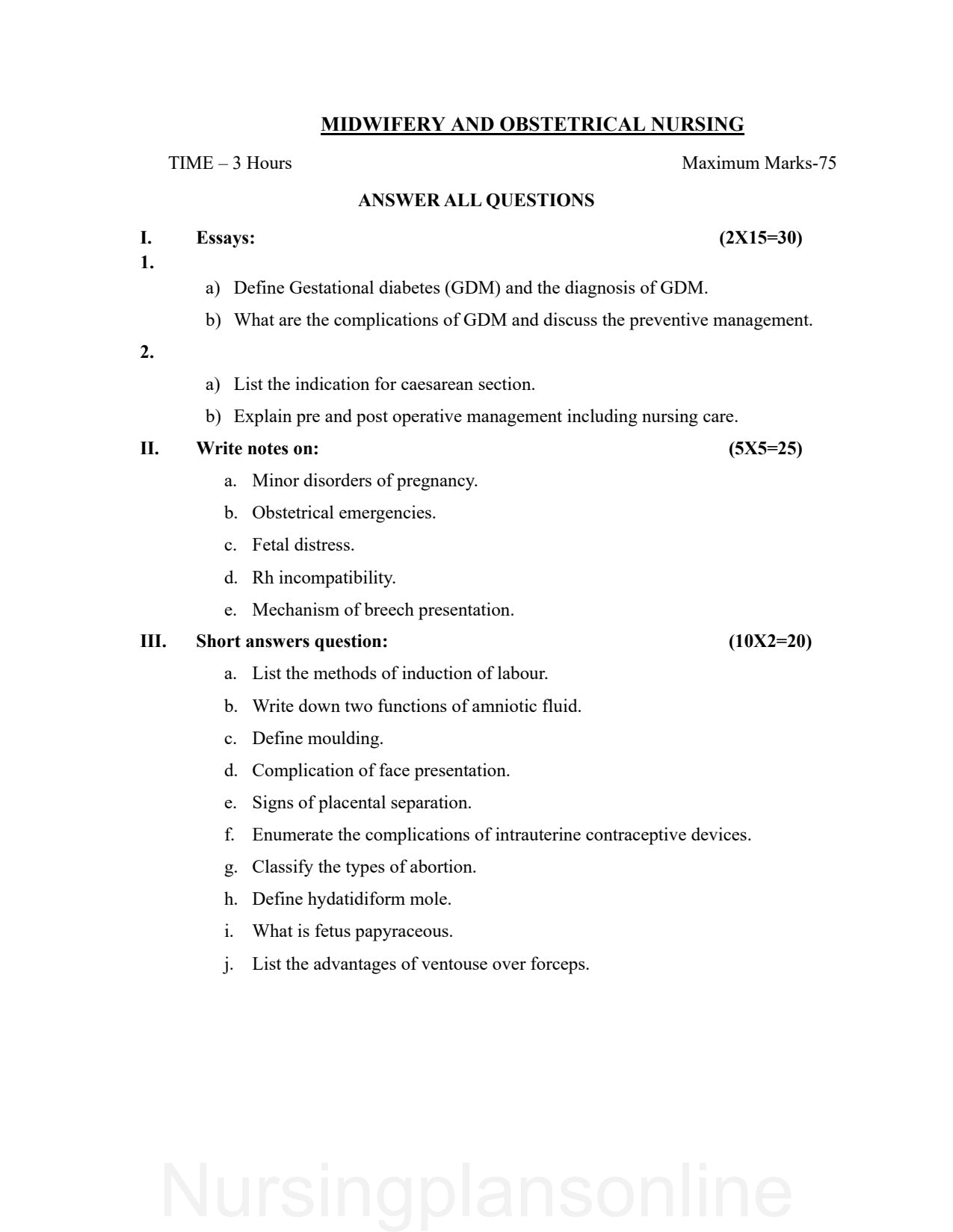 QUESTION PAPER- OBSTETRICS AND GYNECOLOGY NURSING