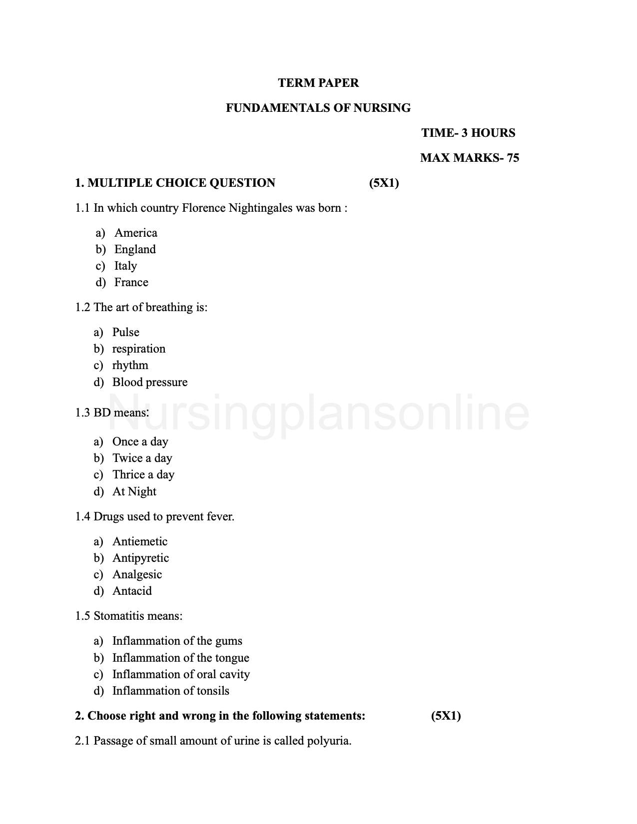 QUESTION PAPER- ANATOMY AND PHYSIOLOGY