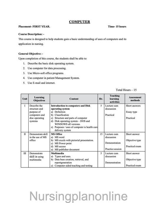 COURSE PLAN- COMPUTER FOR G.N.M. FIRST YEAR - Nursing Plan Online