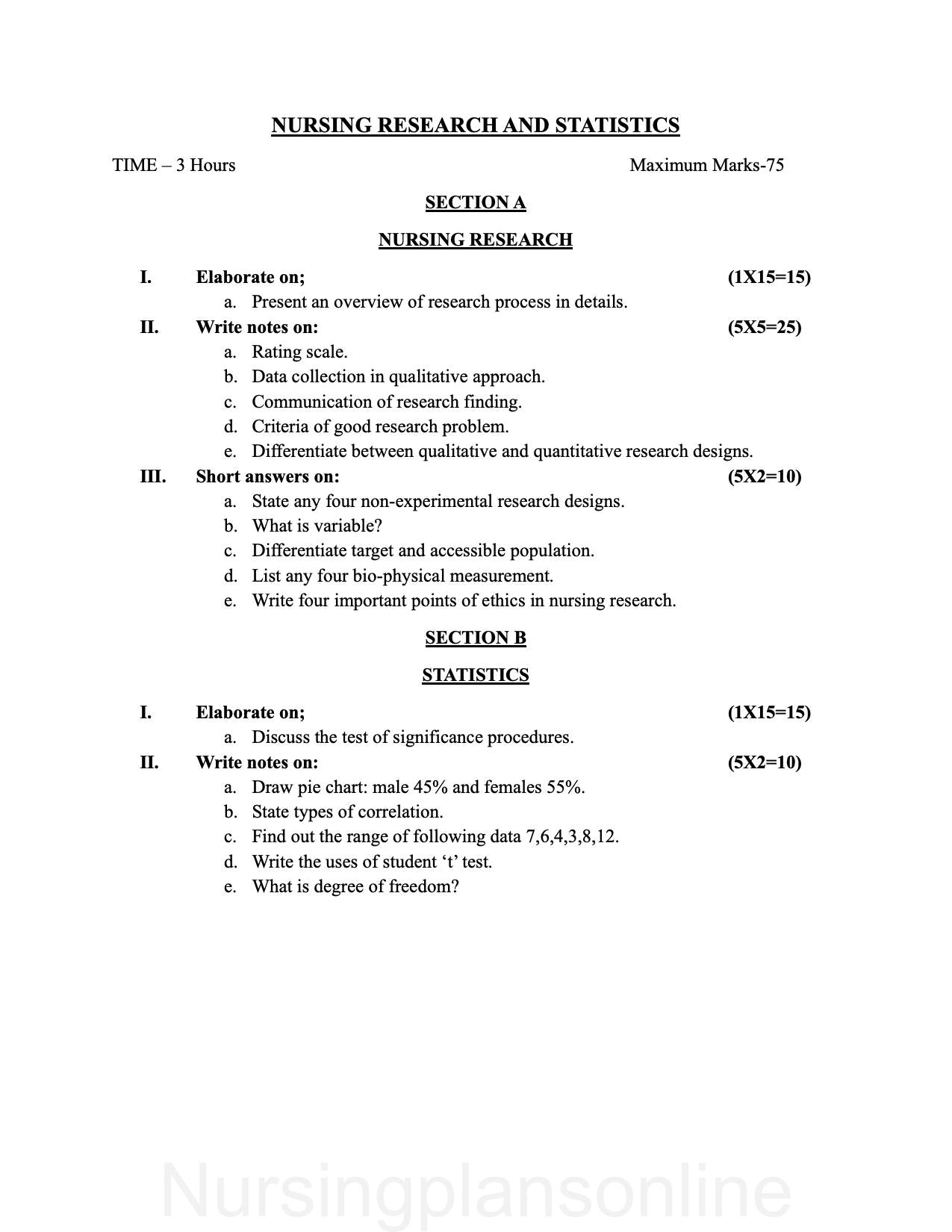 QUESTION PAPER- NURSING RESEARCH