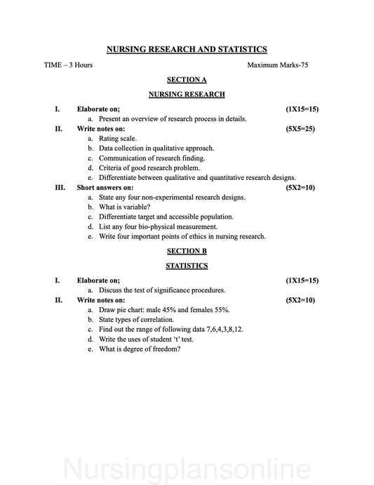 QUESTION PAPER- NURSING RESEARCH