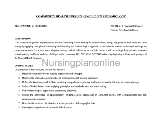 COURSE PLAN- COMMUNITY HEALTH NURSING B.Sc. NURSING THIRD YEAR FIFTH SEMESTER - Nursing Plan Online
