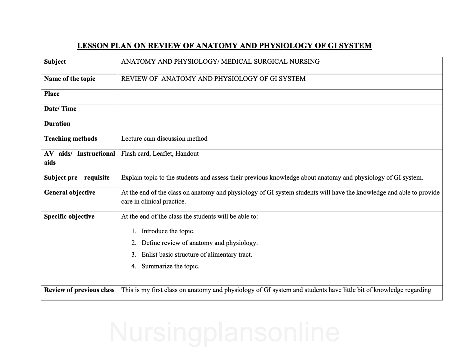 LESSON PLAN- REVIEW OF ANATOMY AND PHYSIOLOGY OF GI SYSTEM