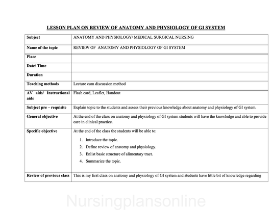 LESSON PLAN- REVIEW OF ANATOMY AND PHYSIOLOGY OF GI SYSTEM