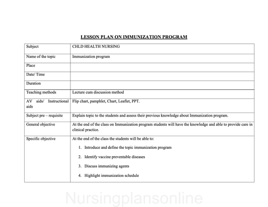 LESSON PLAN- IMMUNIZATION PROGRAM