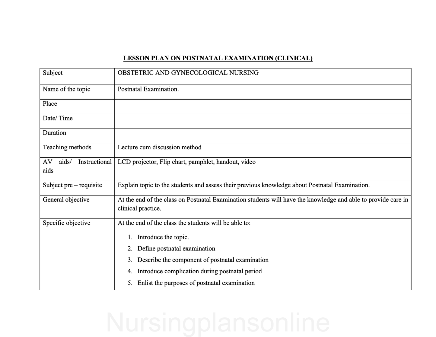 LESSON PLAN- POSTNATAL EXAMINATION (CLINICAL)