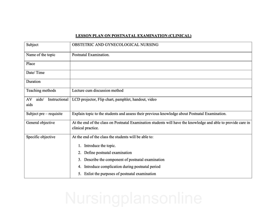 LESSON PLAN- POSTNATAL EXAMINATION (CLINICAL)