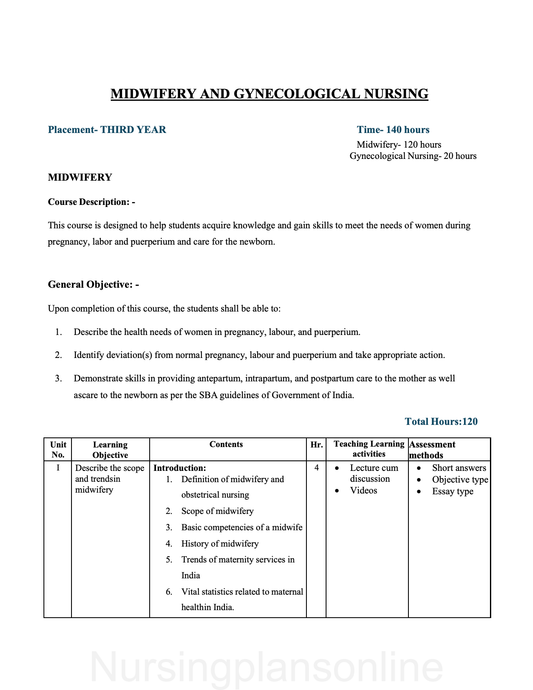 COURSE PLAN- MIDWIFERY AND GYNECOLOGICAL  NURSING FOR G.N.M. THIRD YEAR