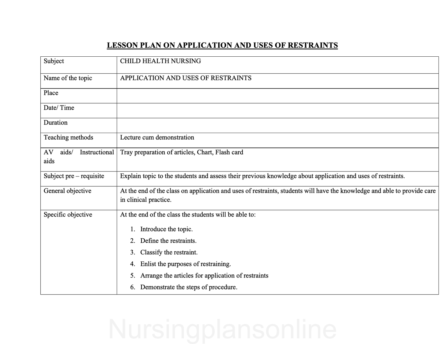 LESSON PLAN- APPLICATION AND USE OF RESTRAINTS