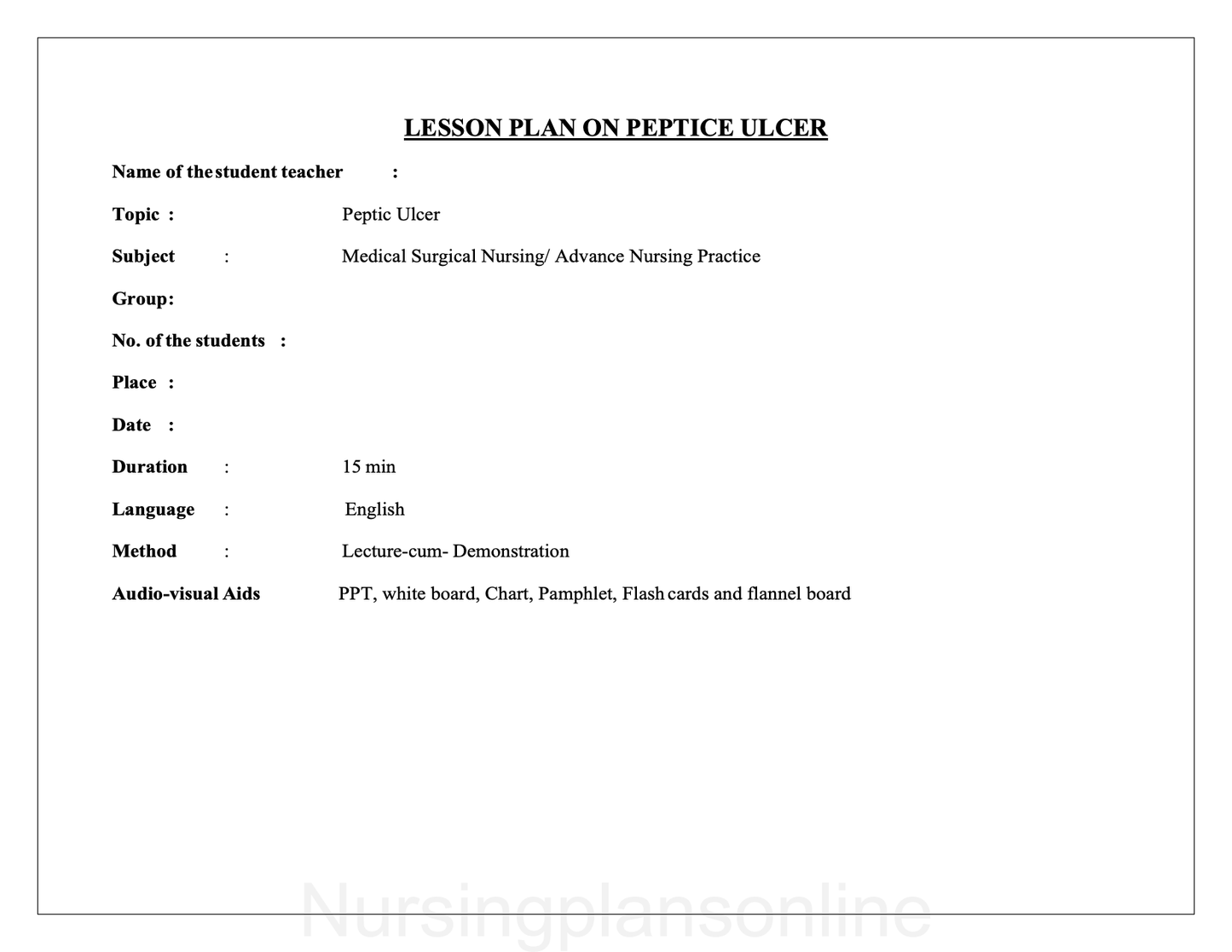 LESSON PLAN- PEPTIC ULCER - Nursing Plan Online