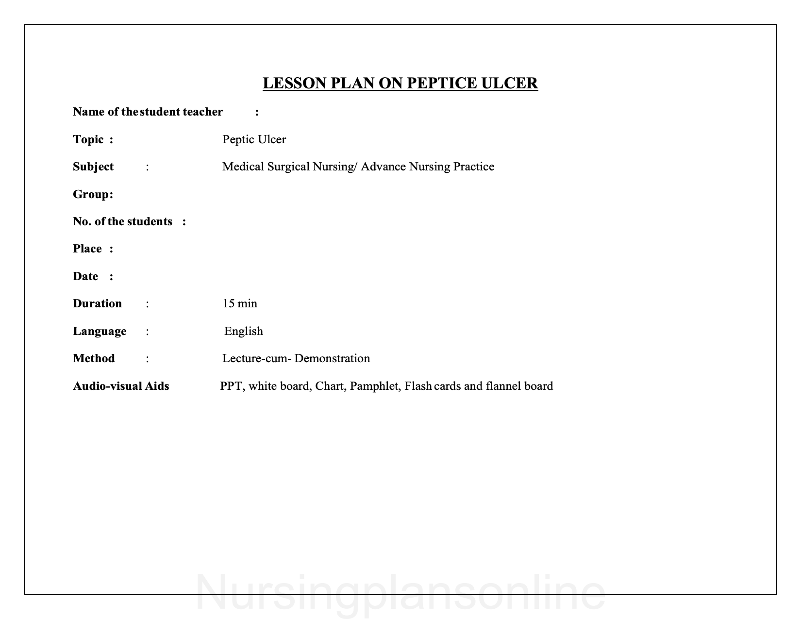 LESSON PLAN- PEPTIC ULCER - Nursing Plan Online
