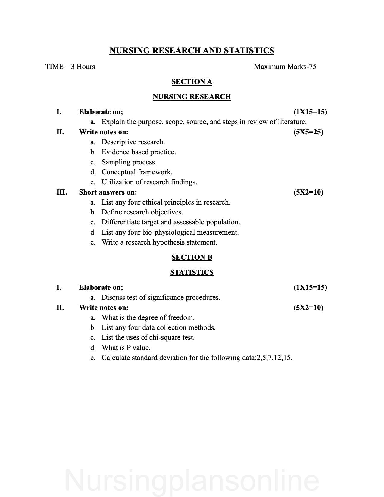 QUESTION PAPER- NURSING RESEARCH