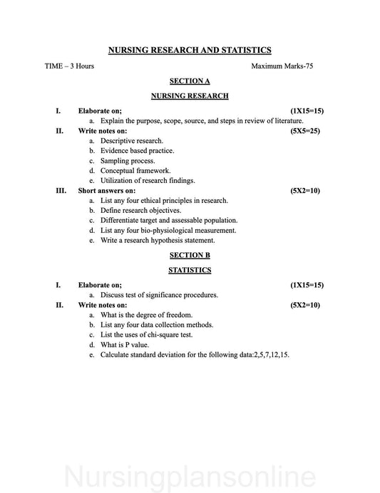 QUESTION PAPER- NURSING RESEARCH
