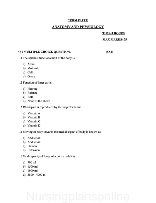 QUESTION PAPER- ANATOMY AND PHYSIOLOGY