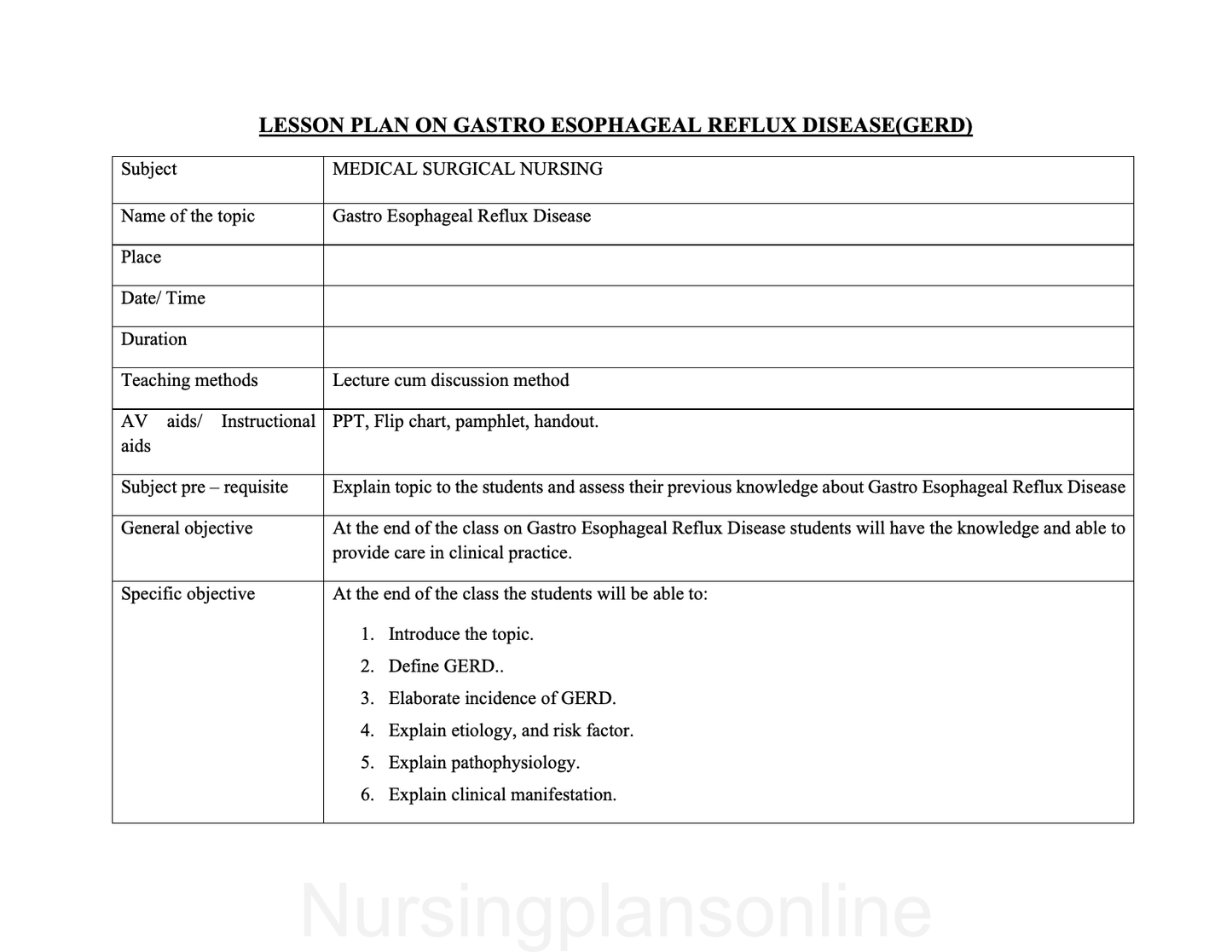 LESSON PLAN- GASTRO ESOPHAGEAL REFLUX DISORDER
