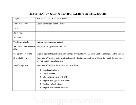 LESSON PLAN- GASTRO ESOPHAGEAL REFLUX DISORDER