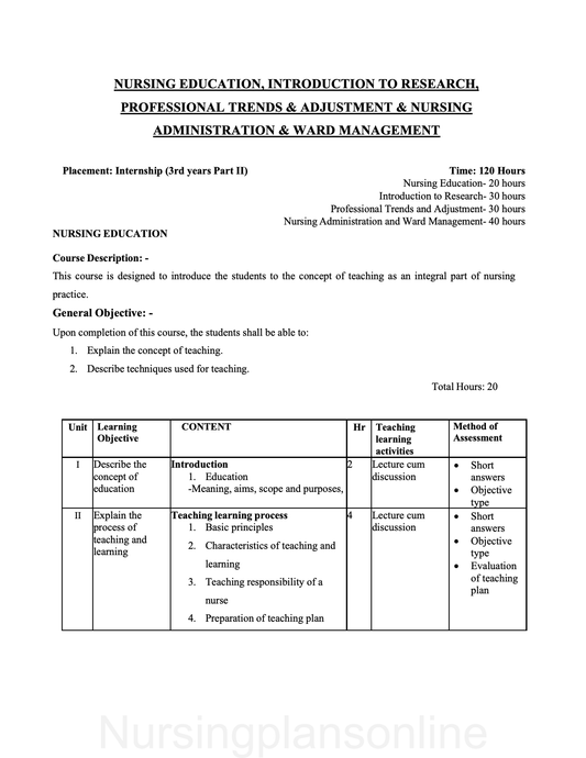 COURSE PLAN- NURSING EDUCATION, INTRODUCTION TO RESEARCH, PROFESSIONAL TRENDS AND ADJUSTMENTS & NURSING ADMINISTRATION & WARD MANAGEMENT FOR G.N.M. THIRD YEAR