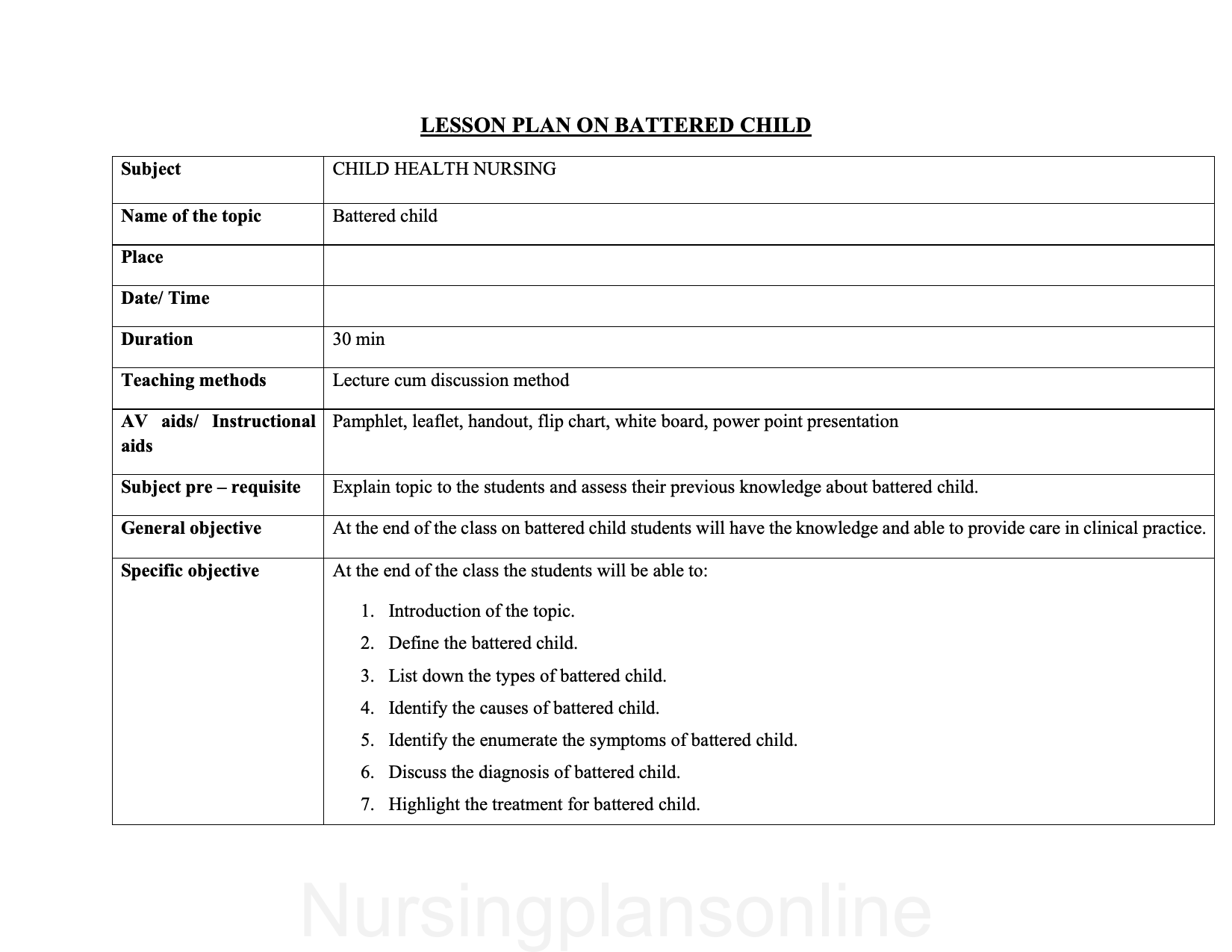 LESSON PLAN- BATTERED CHILD - Nursing Plan Online