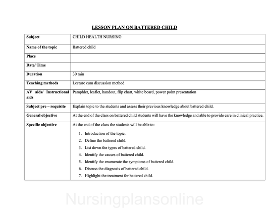 LESSON PLAN- BATTERED CHILD - Nursing Plan Online