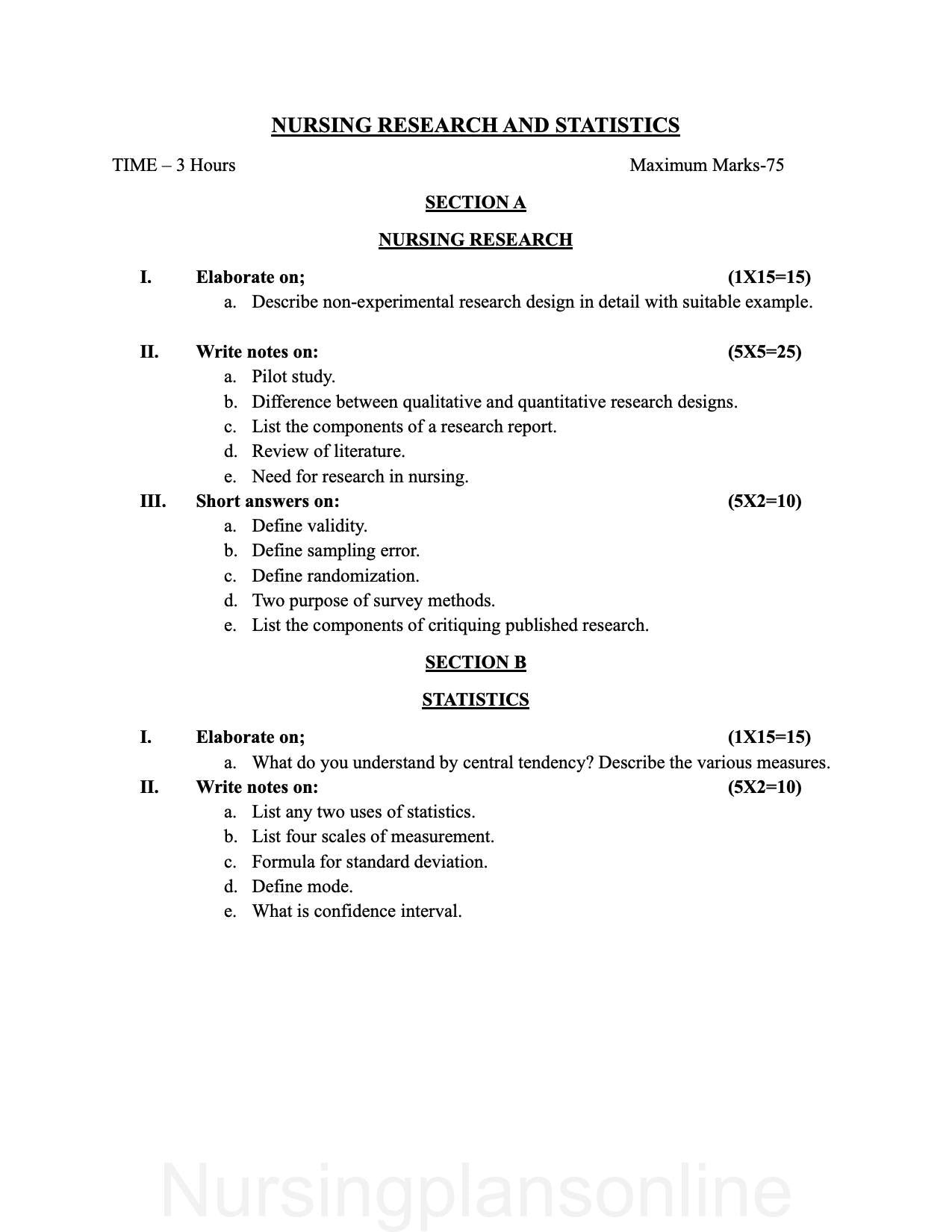 QUESTION PAPER- NURSING RESEARCH