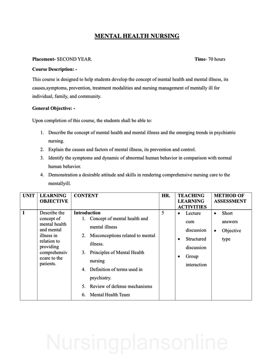 COURSE PLAN- MENTAL HEALTH NURSING  FOR G.N.M. SECOND YEAR - Nursing Plan Online