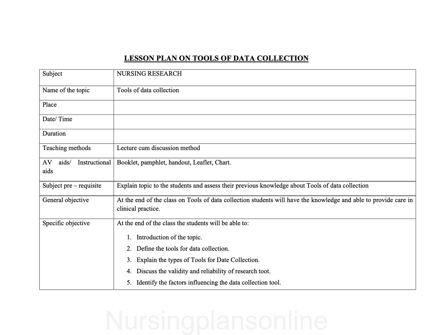 LESSON PLAN-TOOLS OF DATA COLLECTION