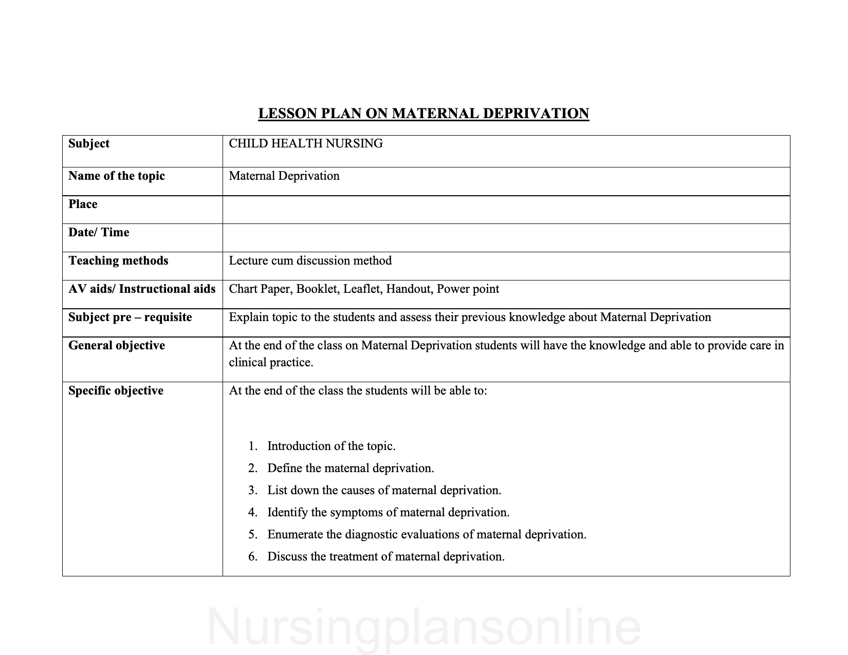 LESSON PLAN- MATERNAL DEPRIVATION – Nursing Plan Online