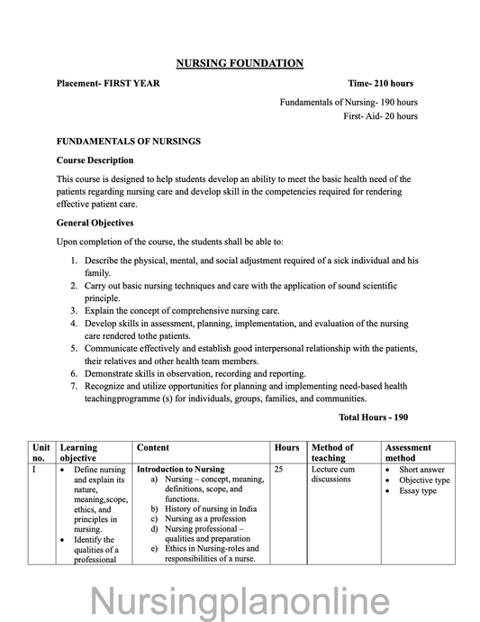 COURSE PLAN- NURSING FOUNDATION FOR G.N.M. FIRST YEAR - Nursing Plan Online