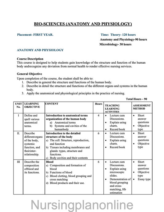 COURSE PLAN- ANATOMY AND PHYSIOLOGY INCLUDING MICROBIOLOGY FOR G.N.M. FIRST YEAR - Nursing Plan Online