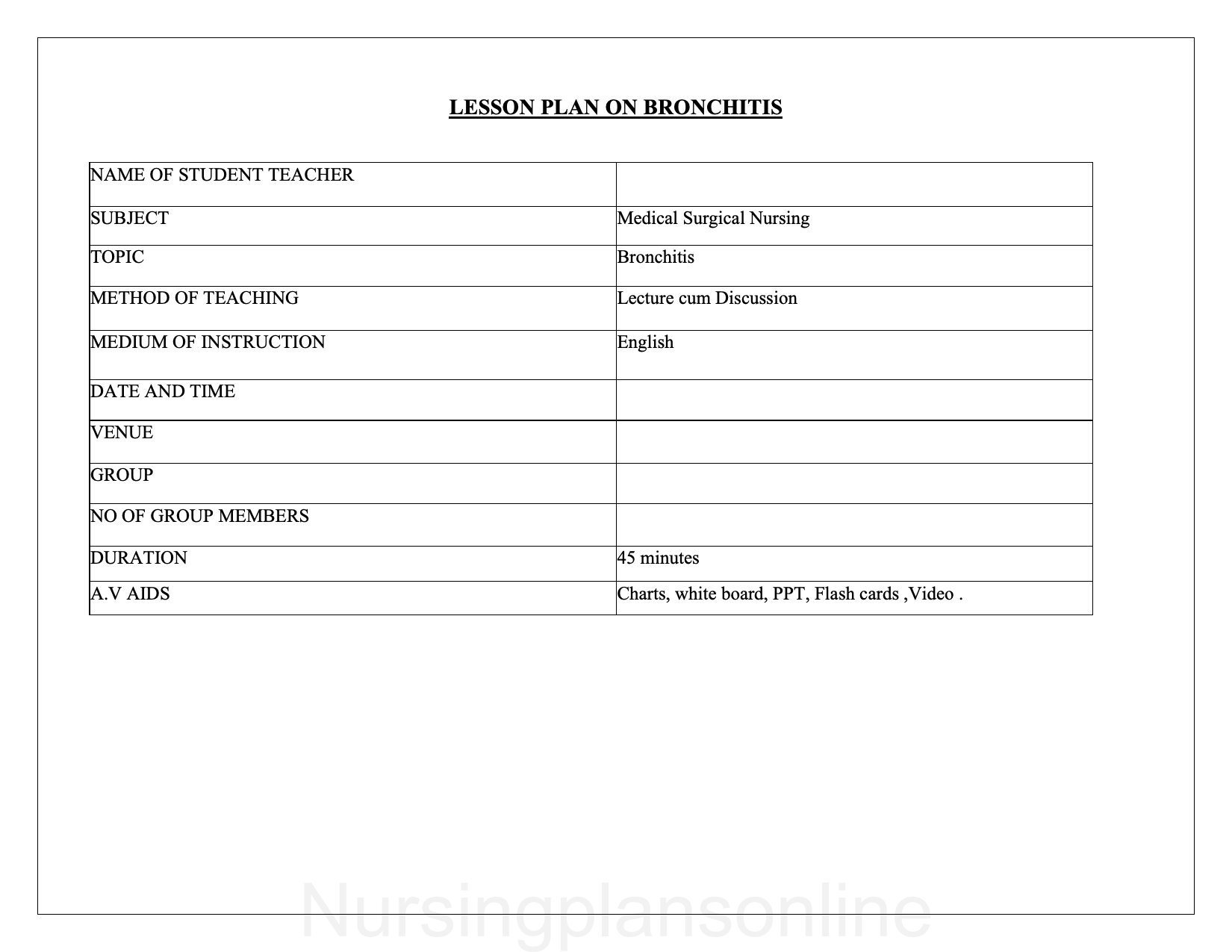 LESSON PLAN- BRONCHITIS - Nursing Plan Online
