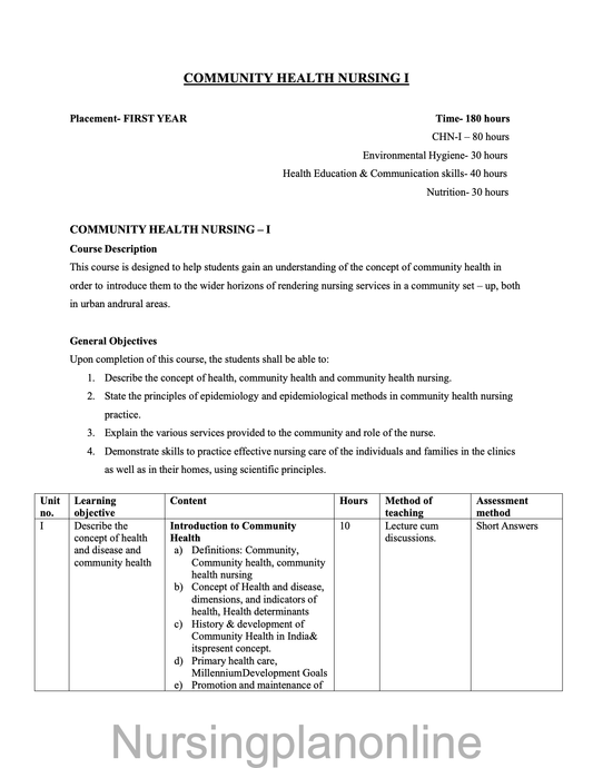 COURSE PLAN- COMMUNITY HELATH NURSING FOR G.N.M. FIRST YEAR - Nursing Plan Online