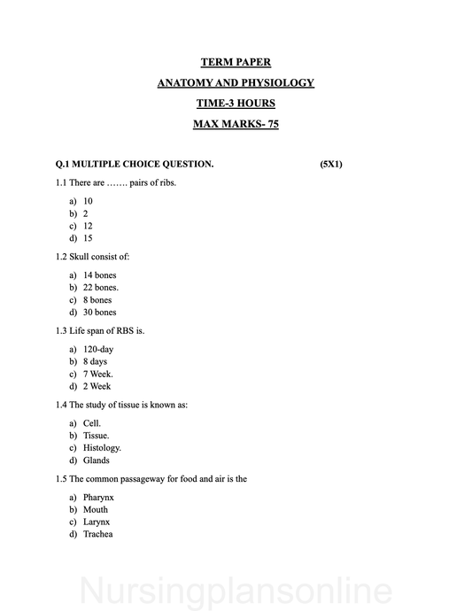 QUESTION PAPER- ANATOMY AND PHYSIOLOGY