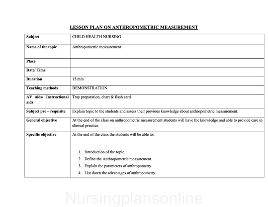 LESSON PLAN- ANTHROPOMETRIC MEASURES IN CHILDREN - Nursing Plan Online