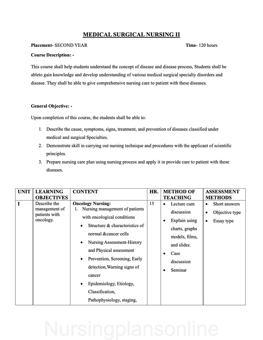 COURSE PLAN- MEDICAL SURGICAL NURSING II FOR G.N.M. SECOND YEAR - Nursing Plan Online