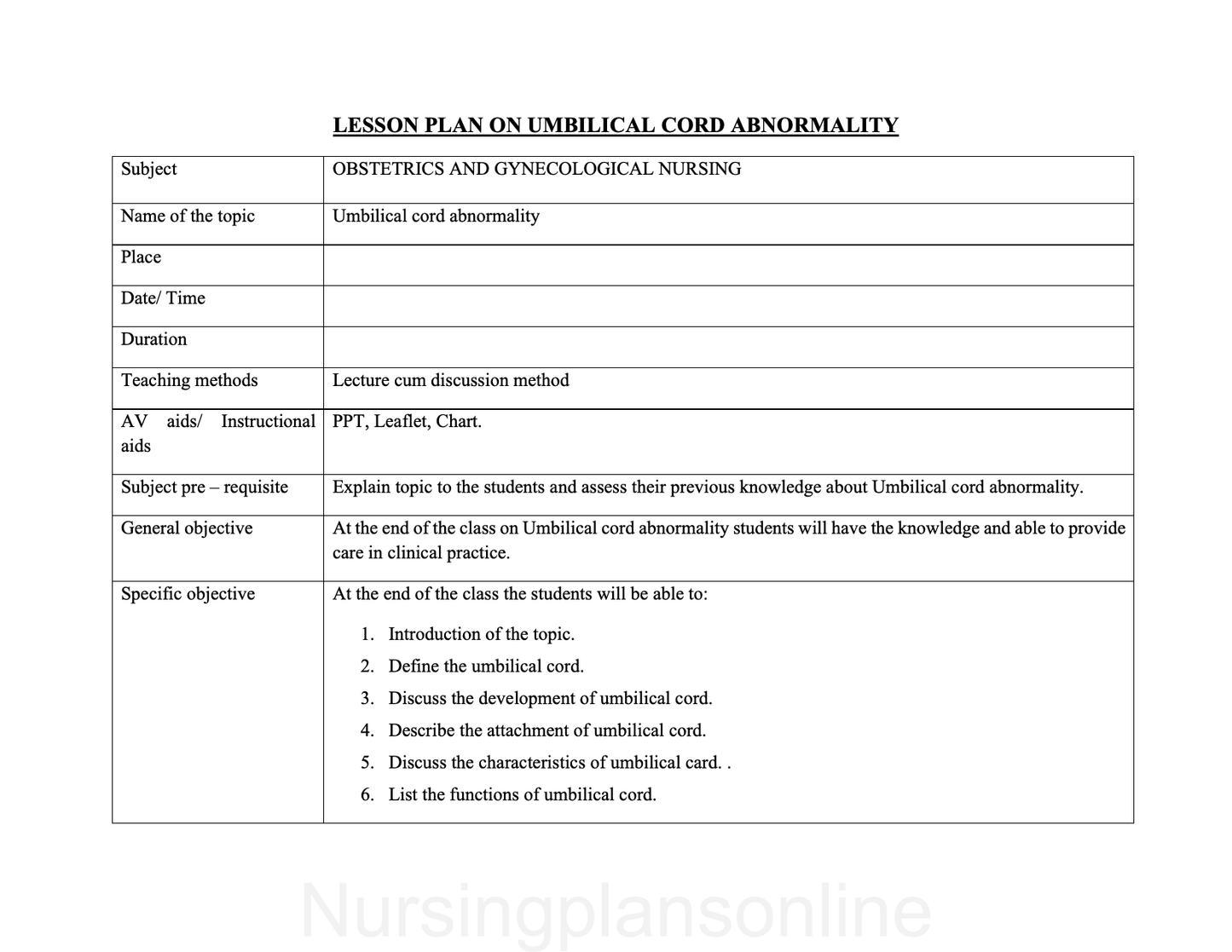 LESSON PLAN- UMBILICAL CORD ABNORMALITY