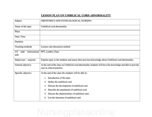LESSON PLAN- UMBILICAL CORD ABNORMALITY