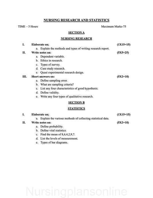QUESTION PAPER- NURSING RESEARCH