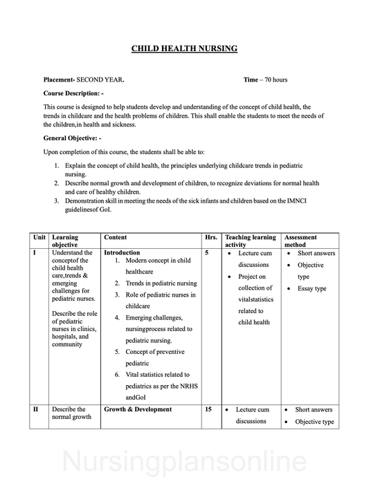 COURSE PLAN- CHILD HEALTH NURSING  FOR G.N.M. SECOND YEAR