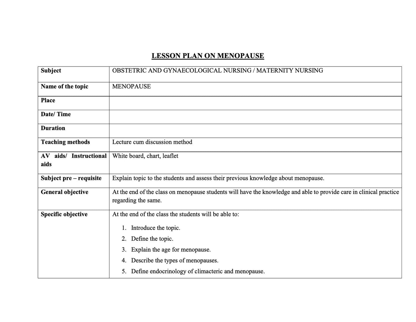 LESSON PLAN- MENOPAUSE