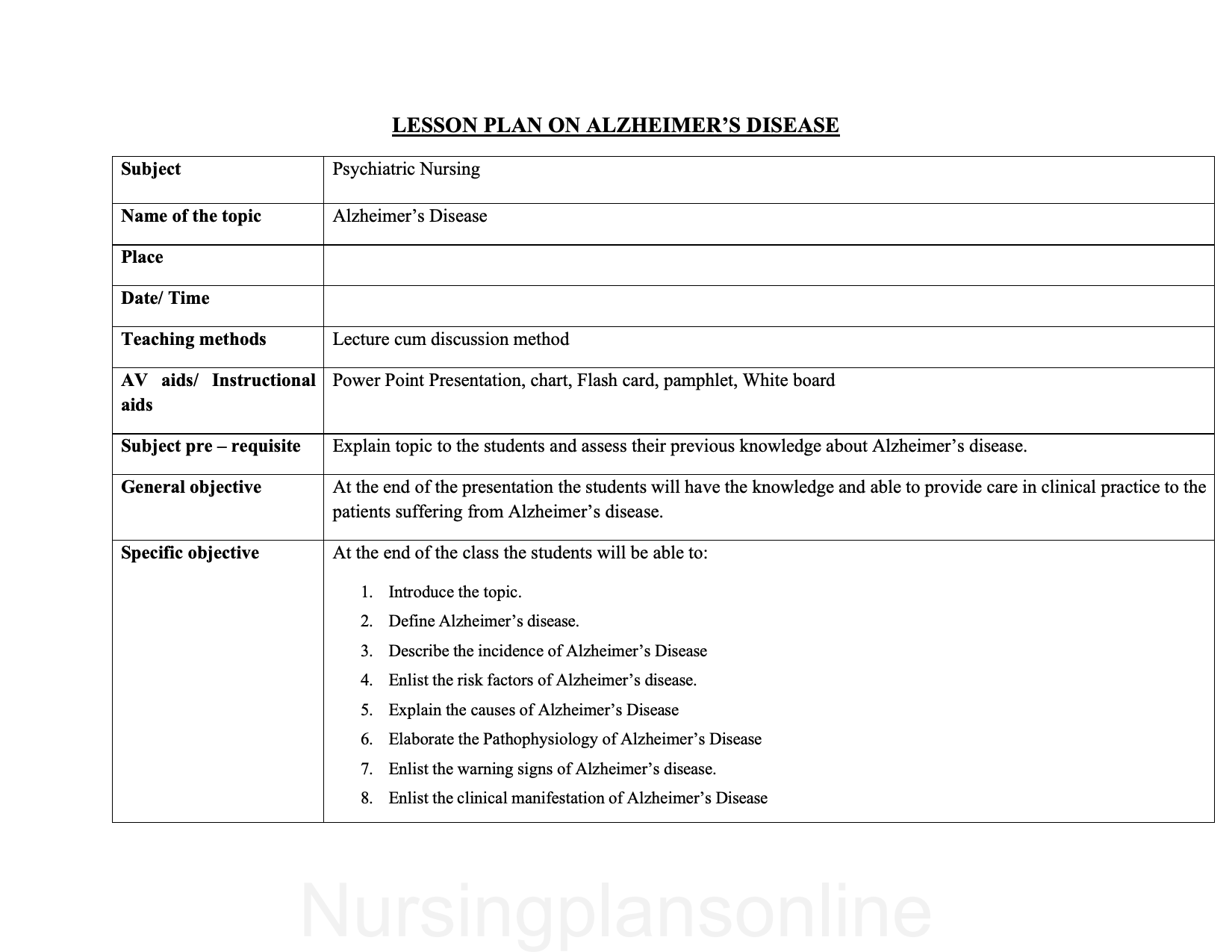 LESSON PLAN - ALZHEIMER'S DISEASE - Nursing Plan Online