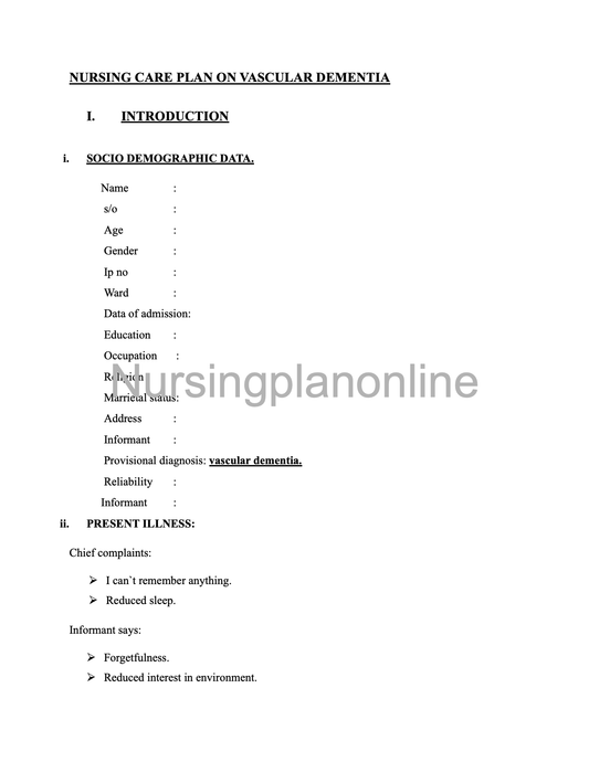 NURSING CARE PLAN- VASCULAR DEMENTIA - Nursing Plan Online