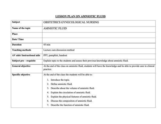 LESSON PLAN - AMNIOTIC FLUID
