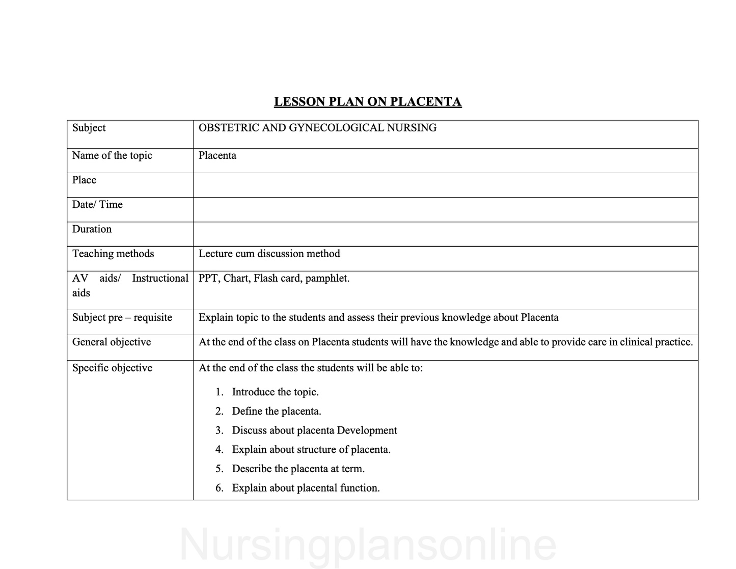 LESSON PLAN- PLACENTA