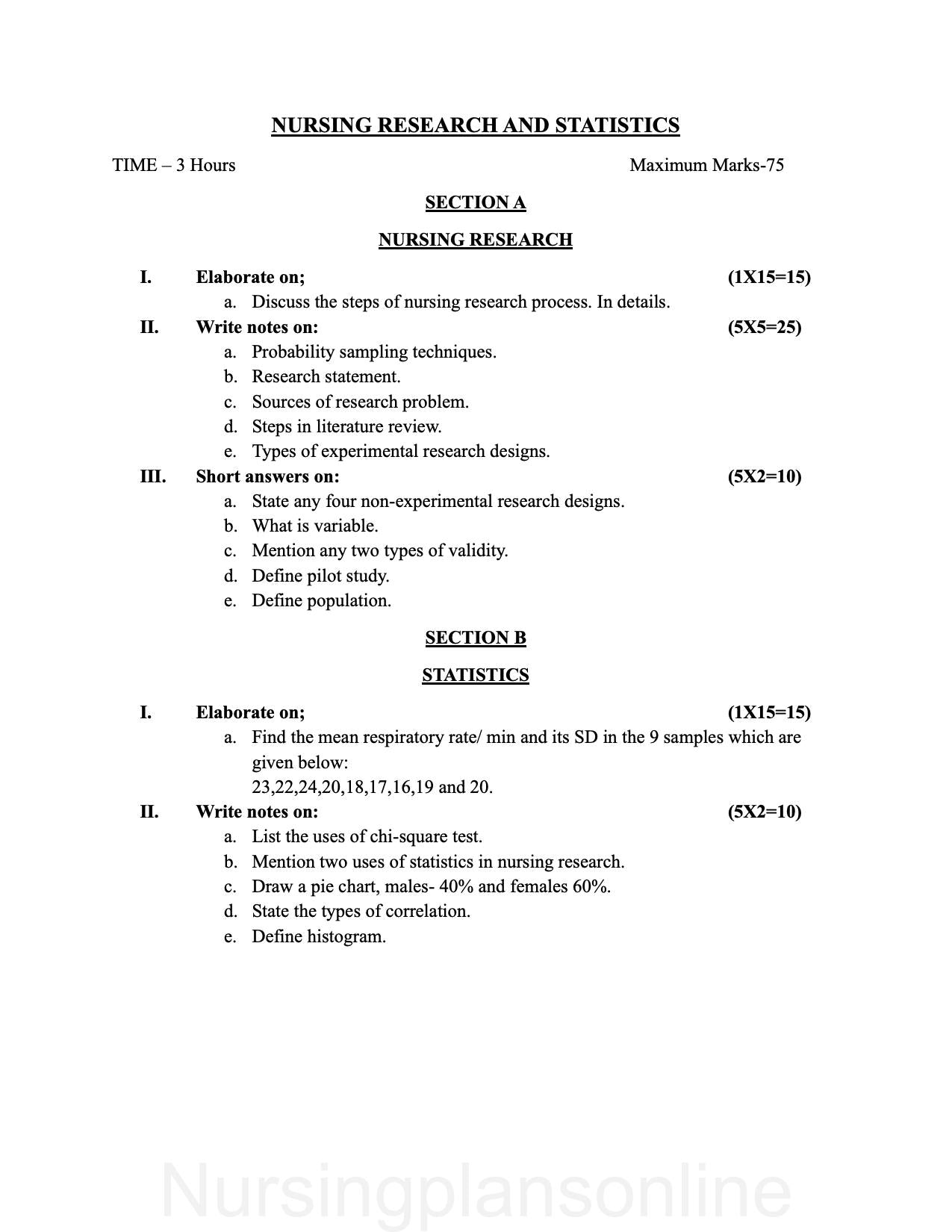 QUESTION PAPER- NURSING RESEARCH